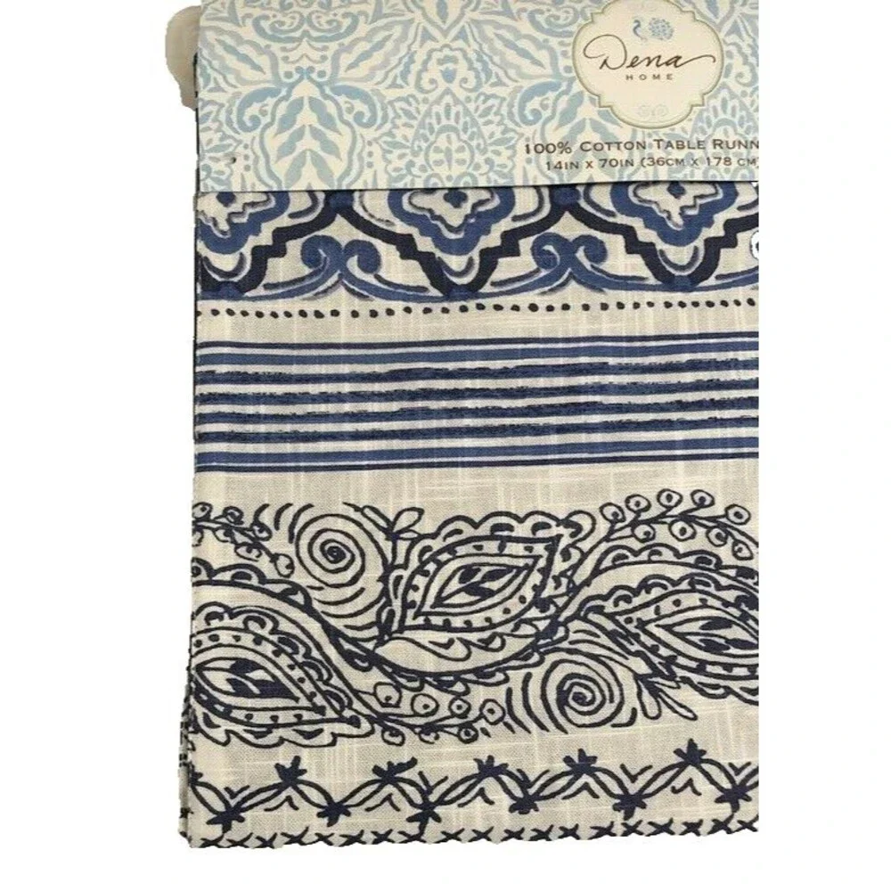 Dena Home Paisley Table Runner Reversible Navy Blue 100% Cotton 14X70